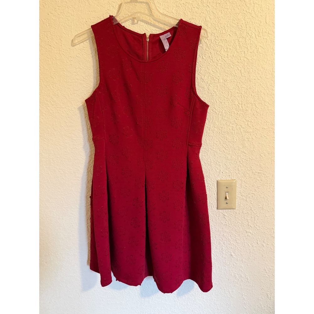 Alya Red Embossed Floral Fit & Flare Dress Sleeveless Pleated Skater Mini Large